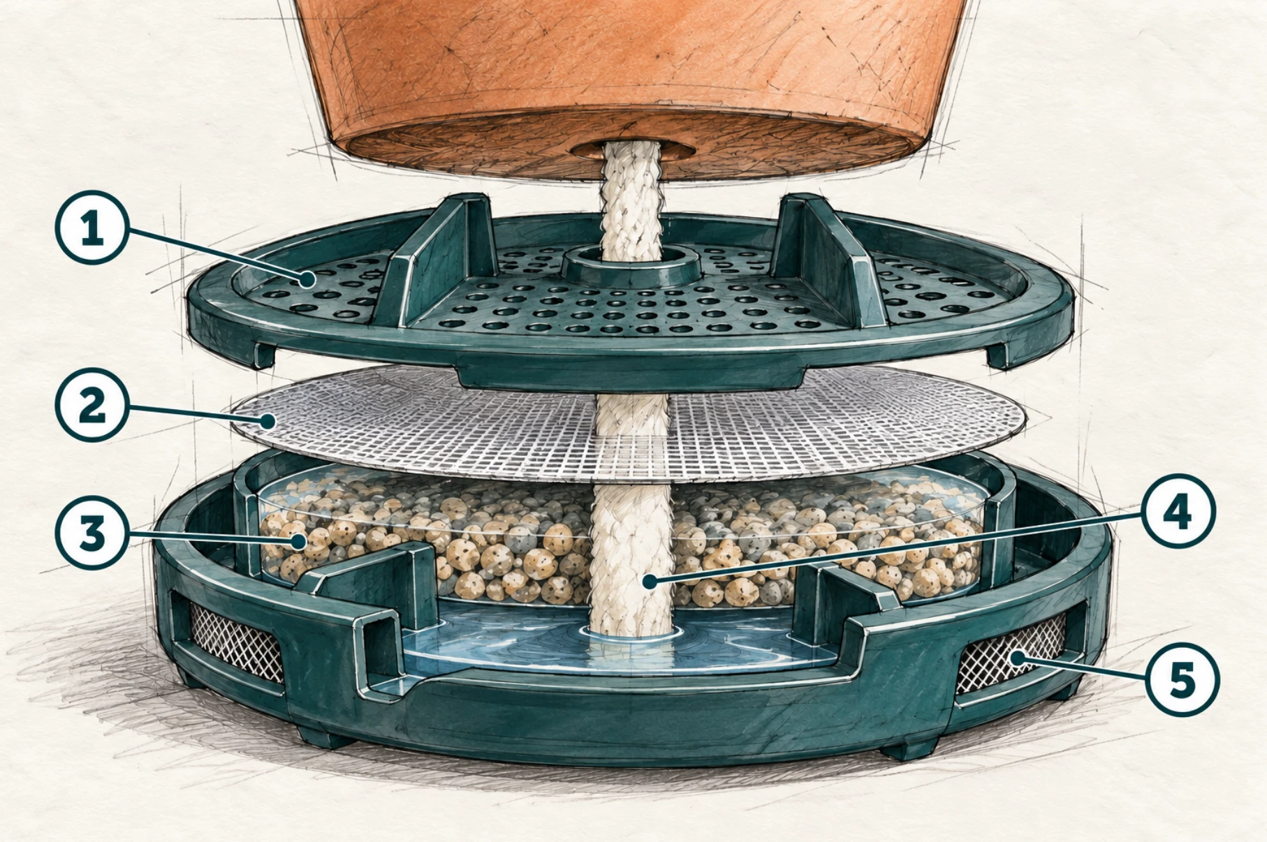 Concept drawing of the proposed mesh, wick and screened overflow.