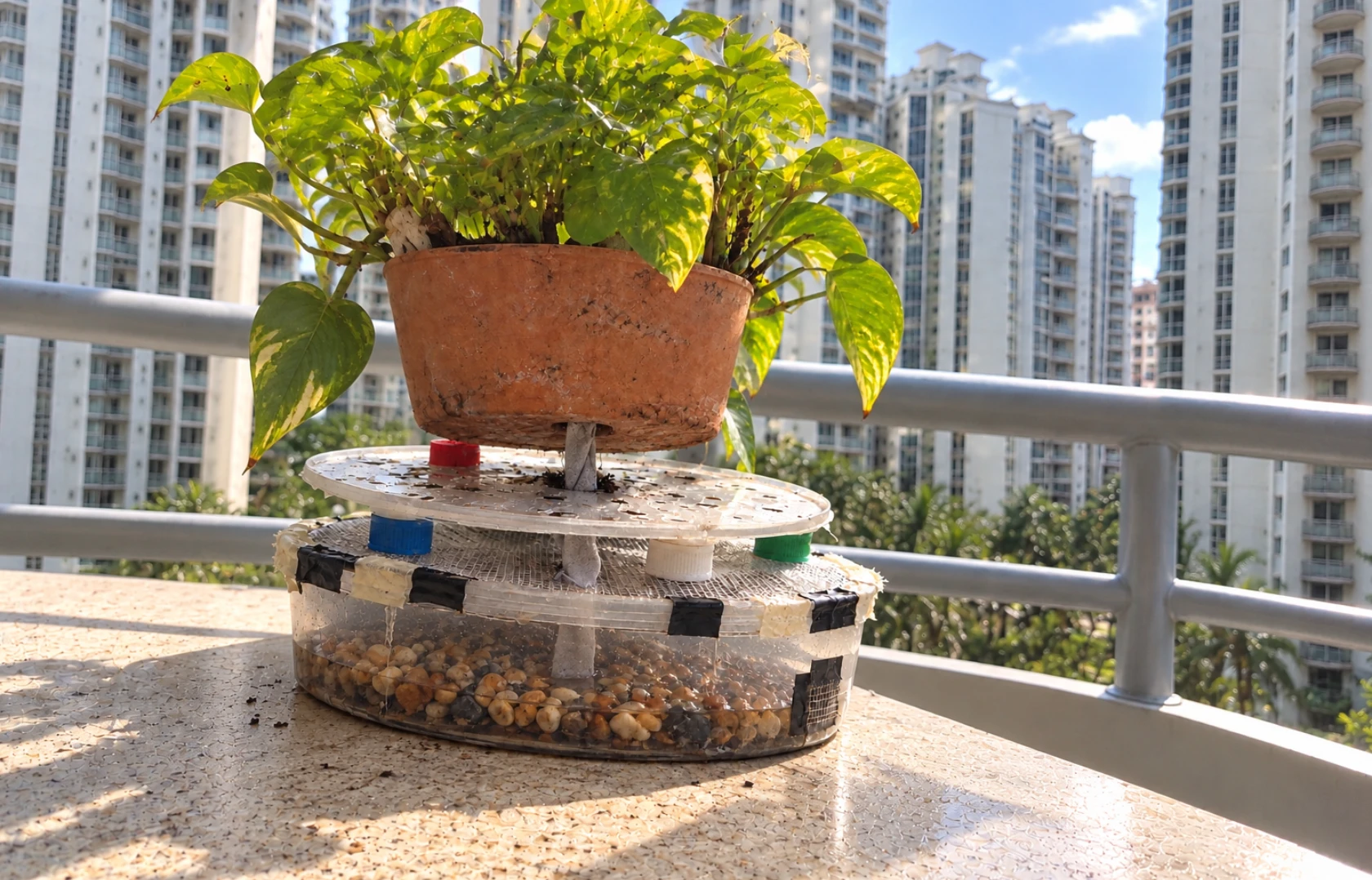 Physical DryLah prototype under a pothos in a terracotta pot, on a Singapore balcony with tower blocks behind.